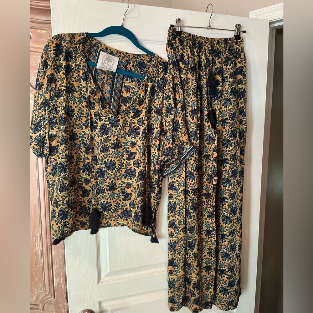 Omika (aka Sohalia) Boho Floral Two-Piece Set in Mustard & Navy